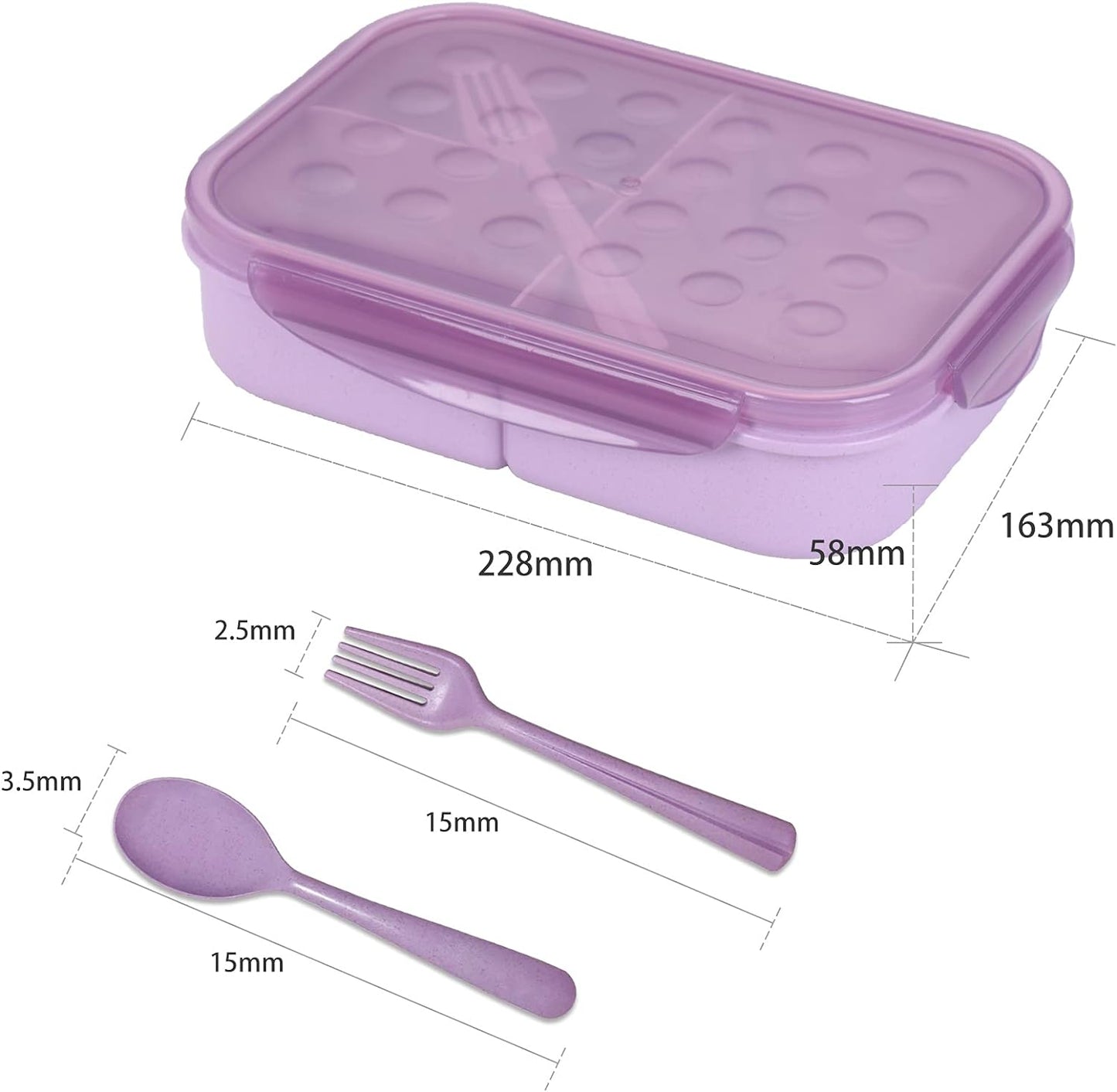 Bento Box Kids Lunch Box Classic 3 Compartment Bento Box for Adults Ideal Leakproof Lunch Containers with Utensils, Microwave and Dishwasher Safe Food Containers (Purple-1150Ml)