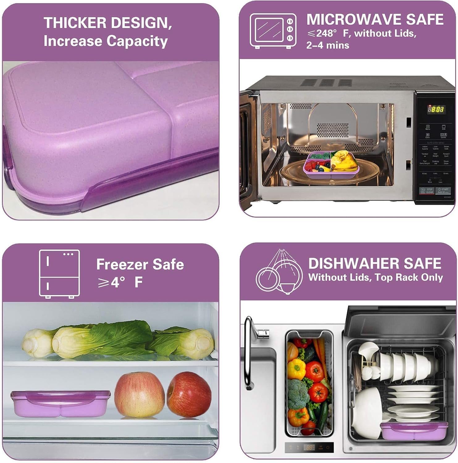 Bento Box Kids Lunch Box Classic 3 Compartment Bento Box for Adults Ideal Leakproof Lunch Containers with Utensils, Microwave and Dishwasher Safe Food Containers (Purple-1150Ml)