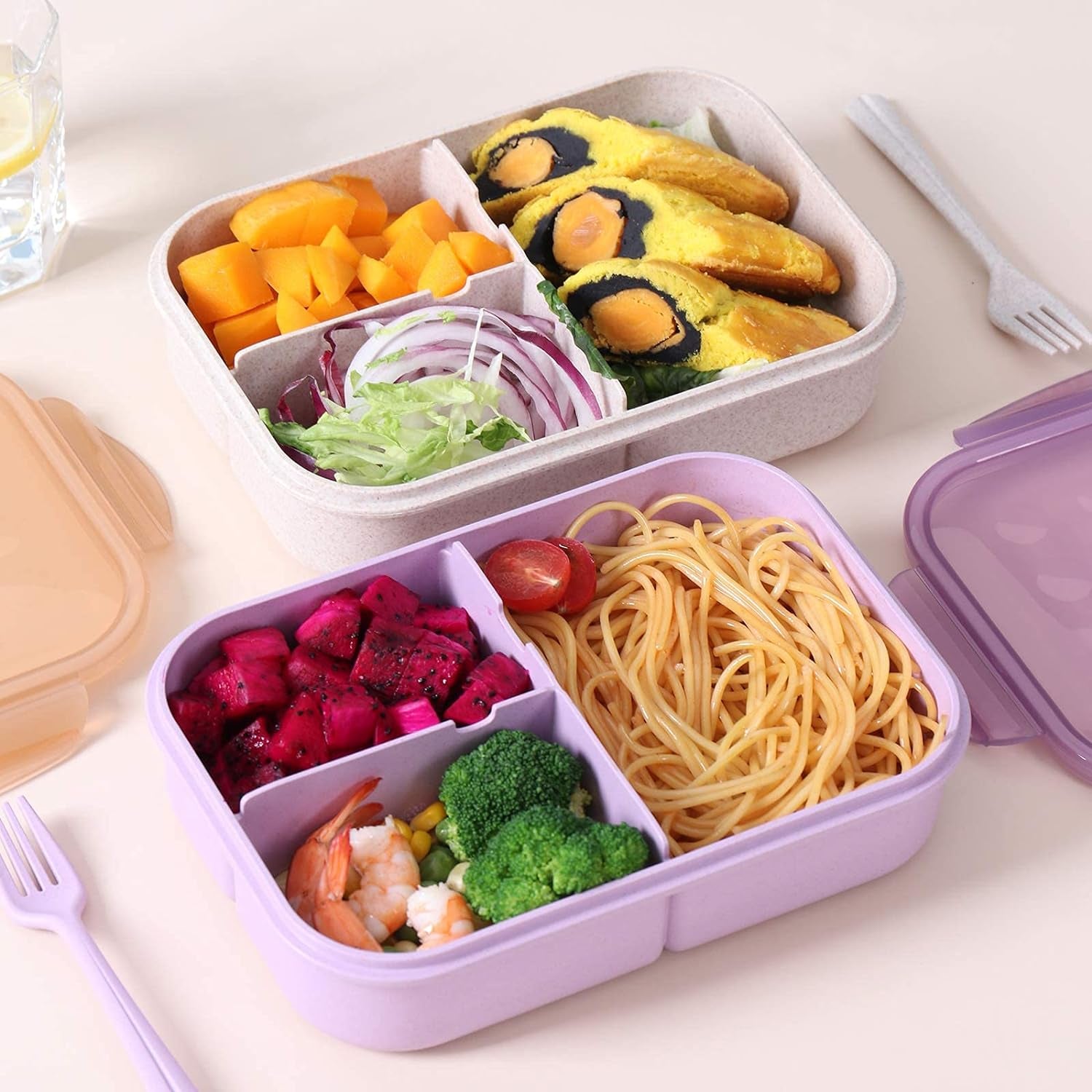 Bento Box Kids Lunch Box Classic 3 Compartment Bento Box for Adults Ideal Leakproof Lunch Containers with Utensils, Microwave and Dishwasher Safe Food Containers (Purple-1150Ml)