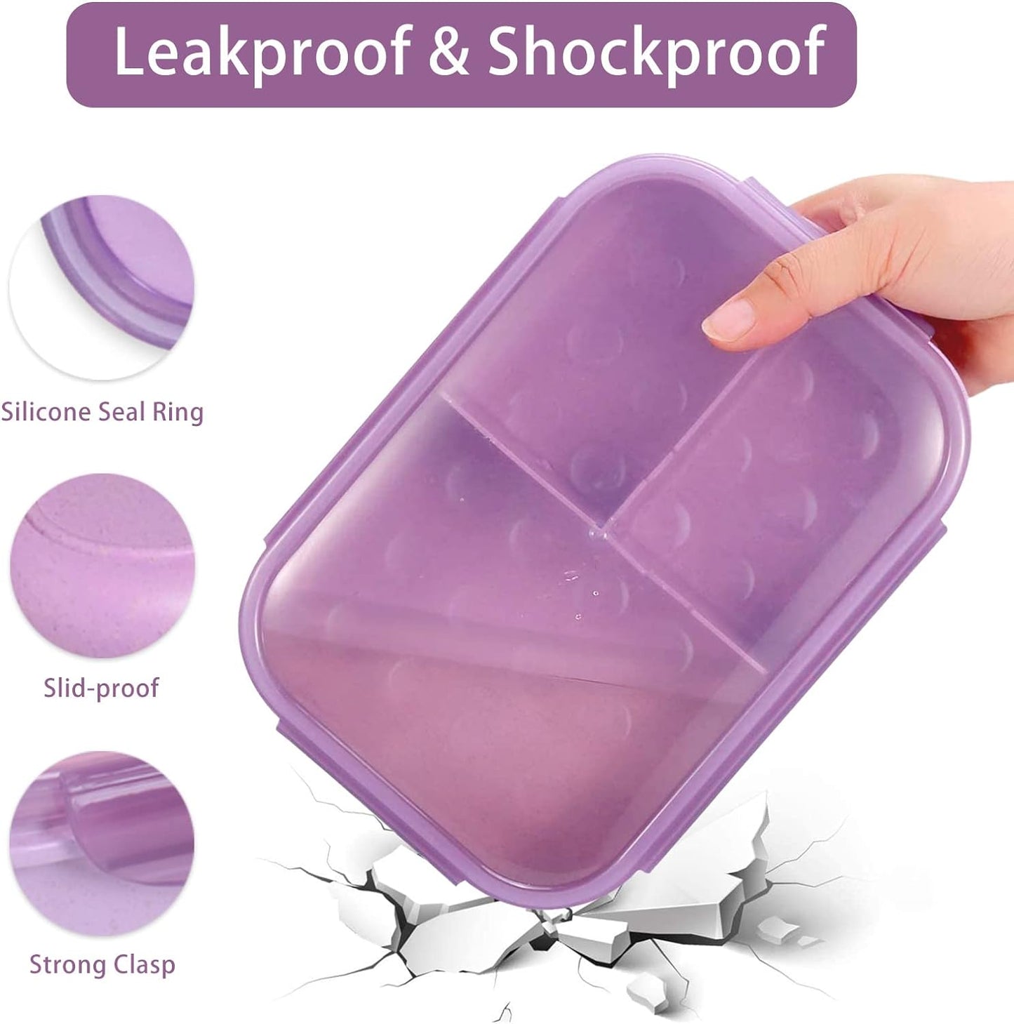 Bento Box Kids Lunch Box Classic 3 Compartment Bento Box for Adults Ideal Leakproof Lunch Containers with Utensils, Microwave and Dishwasher Safe Food Containers (Purple-1150Ml)