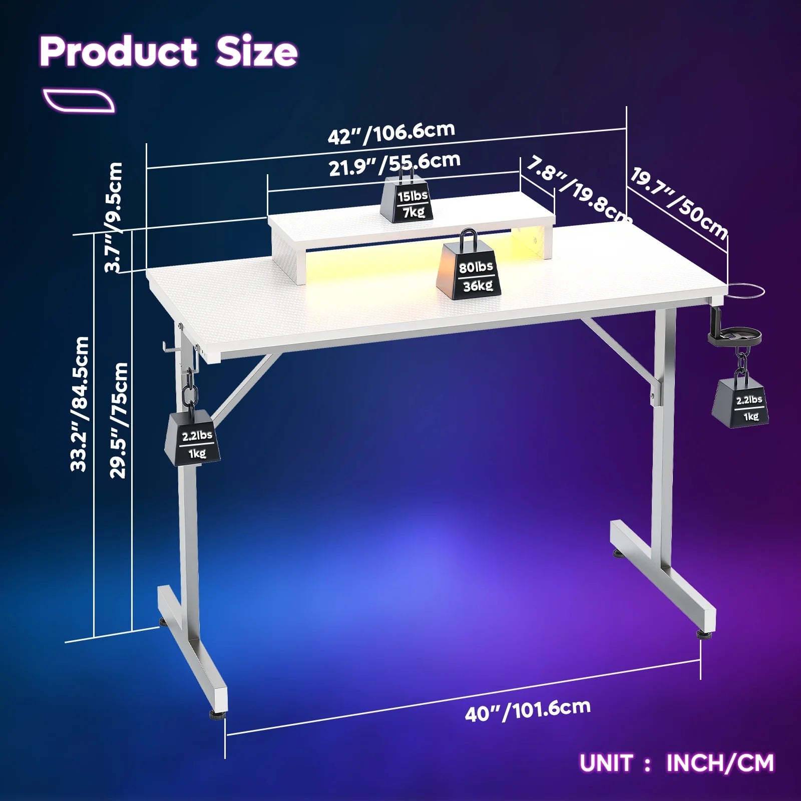 42 Inch LED Gaming Desk with Monitor Stand PC Computer Gamer Home Office Table in White