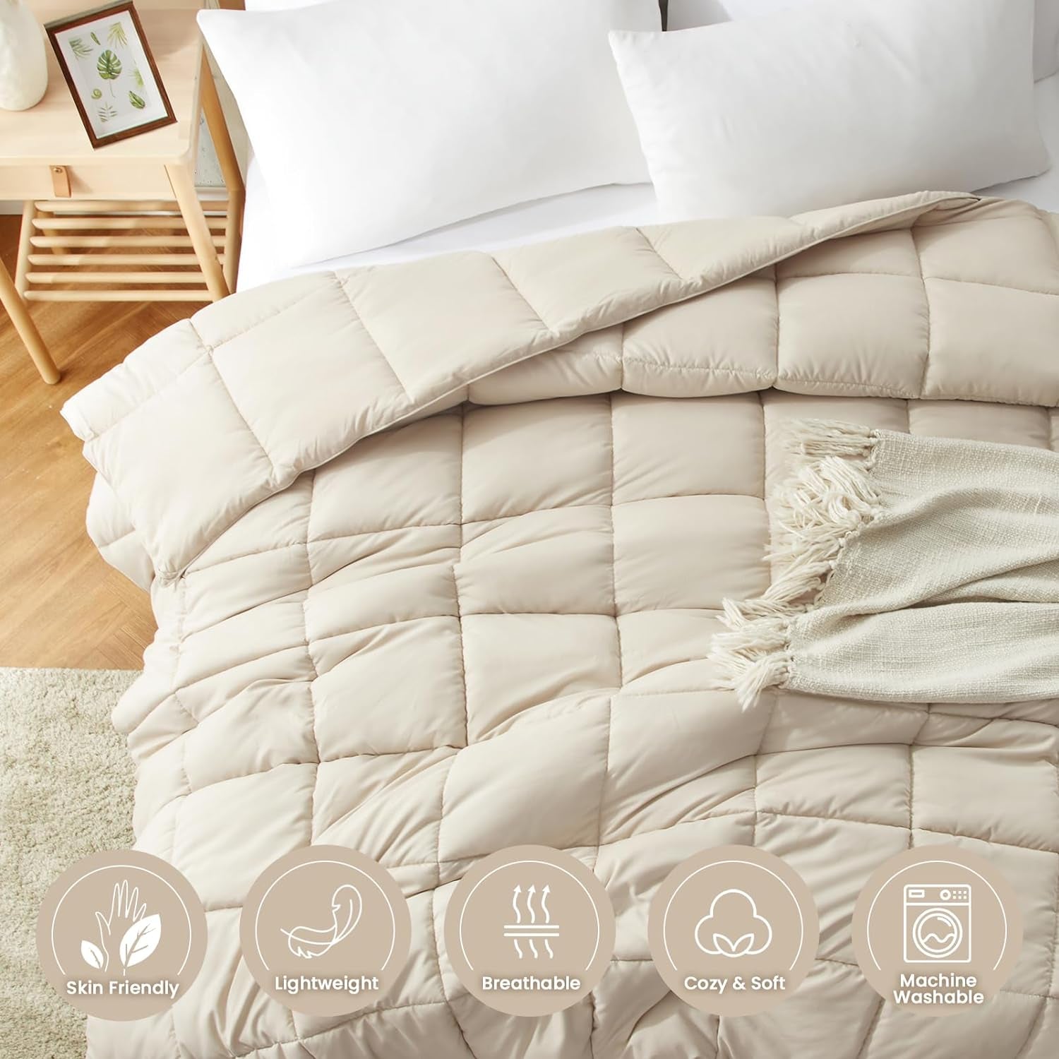 Lightweight Twin Comforter - Beige down Alternative Comforters Twin Size Bed, All Season Duvet Insert Quilted Bedding Comforter Soft Cozy Twin Size Beige