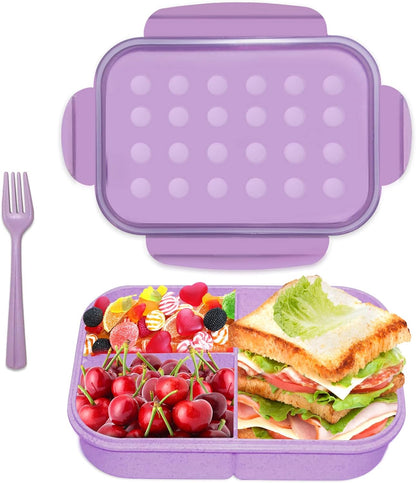 Bento Box Kids Lunch Box Classic 3 Compartment Bento Box for Adults Ideal Leakproof Lunch Containers with Utensils, Microwave and Dishwasher Safe Food Containers (Purple-1150Ml)