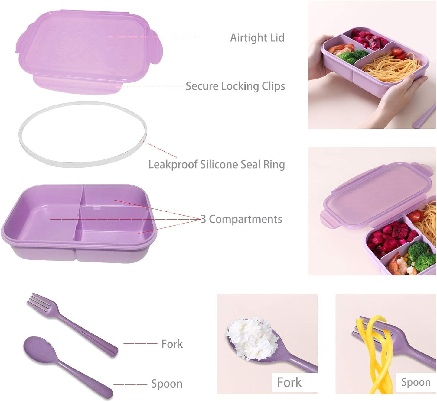 Bento Box Kids Lunch Box Classic 3 Compartment Bento Box for Adults Ideal Leakproof Lunch Containers with Utensils, Microwave and Dishwasher Safe Food Containers (Purple-1150Ml)